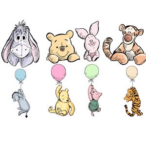 May include: A set of six cartoon characters from Winnie the Pooh, each holding a balloon. The characters are Winnie the Pooh, Piglet, Tigger, Eeyore, Rabbit, and Roo. The balloons are pink, green, yellow, blue, and orange.
