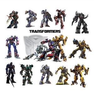 Op de afbeelding: Een verzameling Transformers-actionfiguren, waaronder Optimus Prime, Bumblebee, Megatron en anderen. De figuren staan in verschillende actiehoudings en worden weergegeven tegen een witte achtergrond. De tekst "TRANSFORMERS" wordt bovenaan de afbeelding weergegeven.