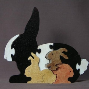 Bunny with Babies Animal Puzzle  Wooden Toy Hand  Cut with Scroll Saw