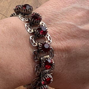 Antique Silver with Red Stone Art Deco Bracelet Vintage Jewelry