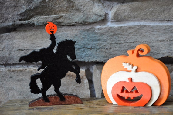 Mini Set Jack O Lantern Pumpkin Headless Horseman Sleepy Hollow Halloween Fall Puzzle Wooden Toy