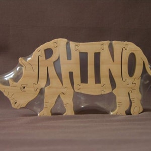 Rhino Rhinoceros Animal Puzzle Wooden Toy Hand Cut with Scroll Saw Figurine Art image 1