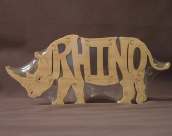 Rhino Rhinoceros Animal Puzzle Wooden Toy Hand  Cut with Scroll Saw Figurine Art