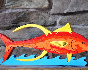 Large Fish Colorful Red Orange  Wood Puzzle Toy Challenge Hand Cut