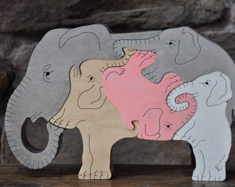 Pink Elephant Pile Herd FUN NEW African Puzzle Wooden Toy Hand Cut Figurine Art