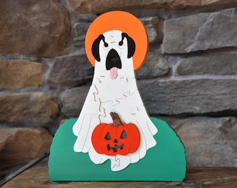 Perro fantasma con Jack O Lantern, rompecabezas de otoño de Halloween, juguete de madera cortado a mano con sierra de calar