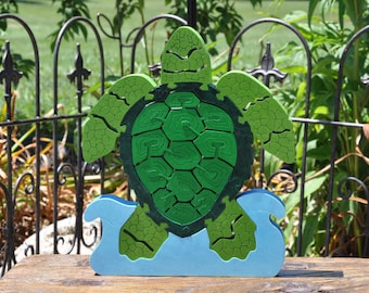 EXTRA LARGE Ornate Island Turtle Wooden Animal Puzzle Toy  Hand Cut  Figurine Art