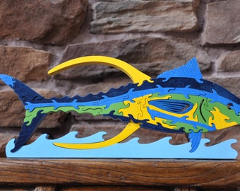Large Fish Colorful Blue Wood Puzzle Toy Challenge Hand Cut with Scroll Saw