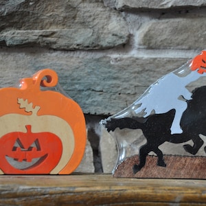 Mini juego de rompecabezas de madera de Sleepy Hollow y Jack O Lantern para Halloween y otoño