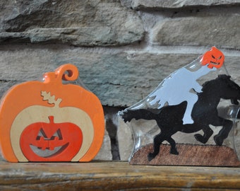 Mini Set Sleepy Hollow and Jack O Lantern  Holiday Halloween Fall Puzzle Wooden Toy