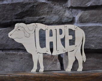 SALE African Cape Buffalo Puzzle Wooden Animal Toy Cut with Scroll Saw Figurine