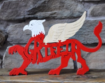 Red Griffin Wooden Fantasy Mythical Puzzle Toy  Hand Cut  Figurine Art