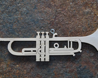 Trumpet Band Instrument Ornament  Wooden Toy Hand Cut with Scroll Saw