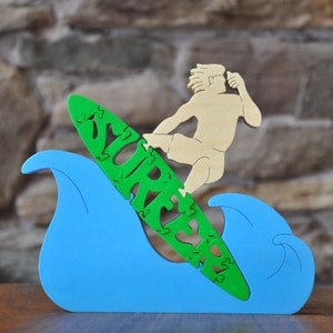 SALE NEW Surfing Surfer Surf Board  Puzzle Wooden Toy Hand  Cut Figurine Award