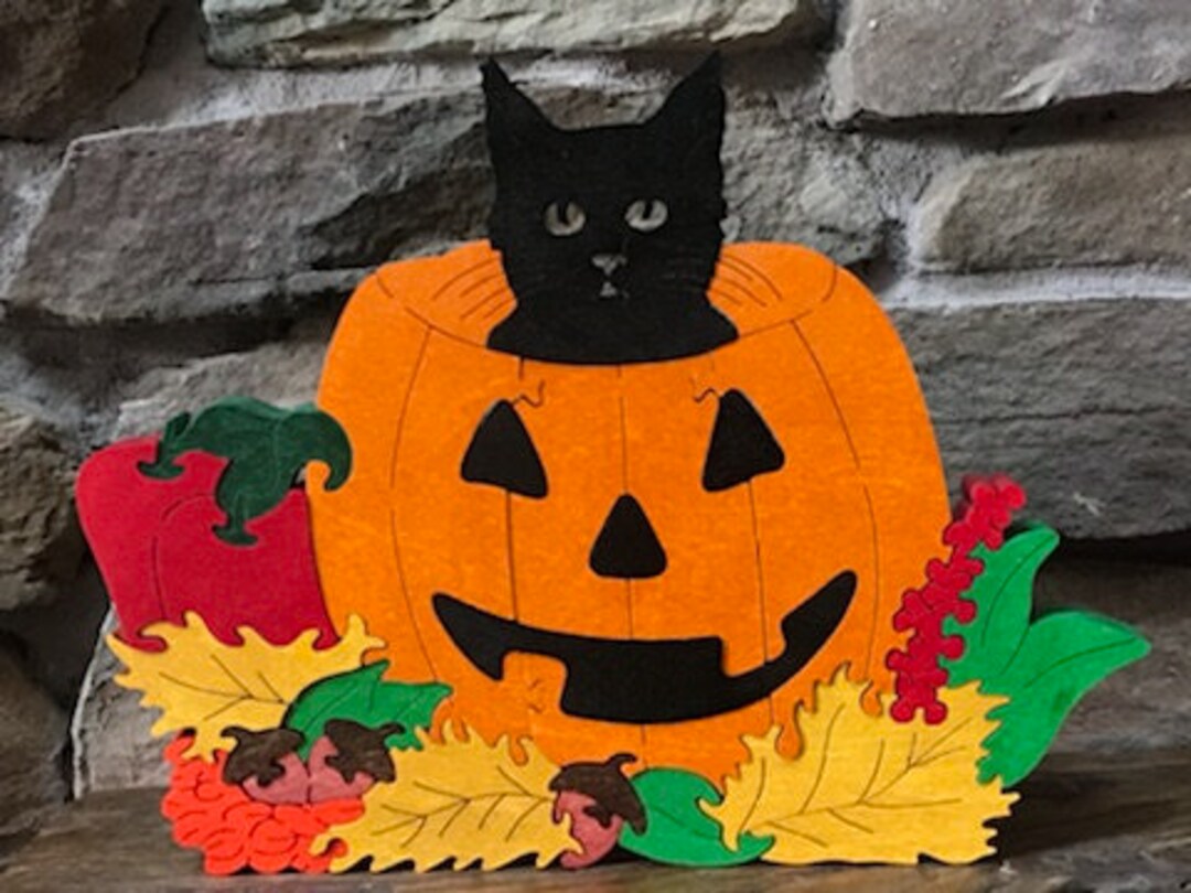 Jack O Lantern Pumpkin With Peeking Kitten Black Cat Halloween Fall ...