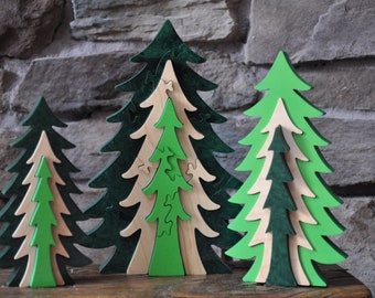 Set 3 Beautiful Natural Pine Christmas Trees Puzzles Wooden Toy Decoration Hand Cut