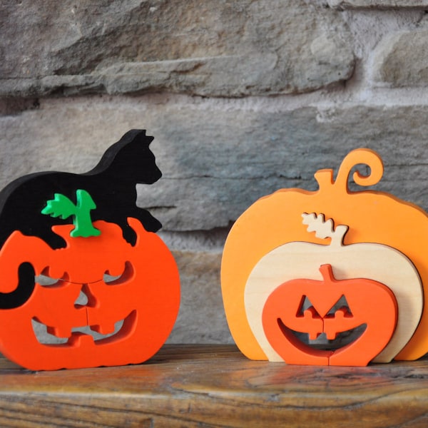 Mini Set Jack O Lantern Pumpkin Black Cat Holiday Halloween Fall Puzzle Wooden Toy