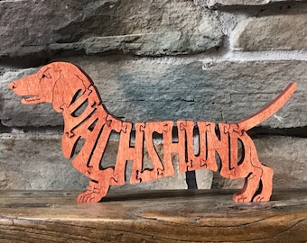 Red Dachshund Dog Puzzle Wooden Toy Hand Cut Figurine Art