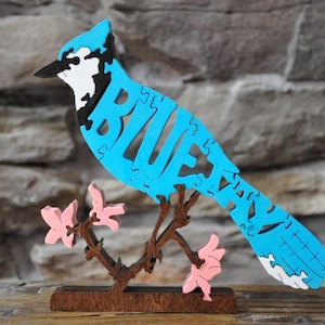 Colorful Blue Jay Bird  Animal Puzzle Wooden Toy Hand  Cut Figurine Art