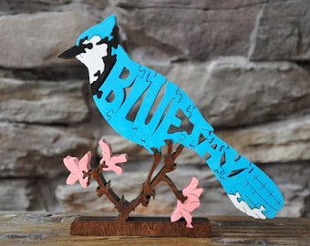 Colorful Blue Jay Bird  Animal Puzzle Wooden Toy Hand  Cut Figurine Art