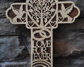 Wedding Marriage Engagement  Cross Scrolled Wooden Cross Wall Hanging Gift