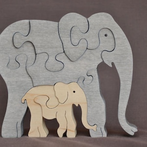 Mamãe elefante com bezerro animal quebra-cabeça brinquedo de madeira cortado à mão com serra de rolagem