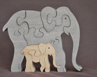 Mama Elephant with Calf  Animal Puzzle Wooden Toy Hand  Cut with Scroll Saw