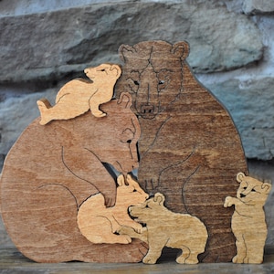 Bear Pile Cubs Brown Bears Woodland  Puzzle Wooden Toy Hand Cut Figurine Art