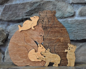 Bear Pile Cubs Brown Bears Woodland  Puzzle Wooden Toy Hand Cut Figurine Art