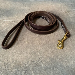 May include: A brown leather dog leash with a gold metal clasp. The leash is coiled and has white stitching.