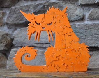 Rompecabezas de madera con diseño de gato naranja gruñón para Halloween, cortado a mano con sierra de calar.