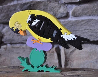 Hermoso rompecabezas de pájaro cantor jilguero pequeño PINZÓN Juguete de madera Figura artística tallada a mano