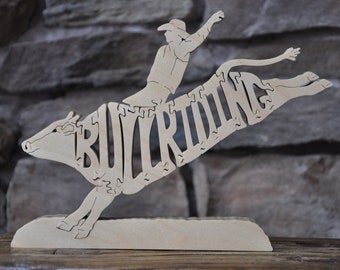 Cowboy Rodeo Bull Riding Animal Puzzle Wooden Toy Hand  Cut Farm Figurine