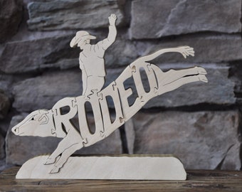 Cowboy Rodeo Bull Riding Animal Puzzle Wooden Toy Hand  Cut Farm Figurine