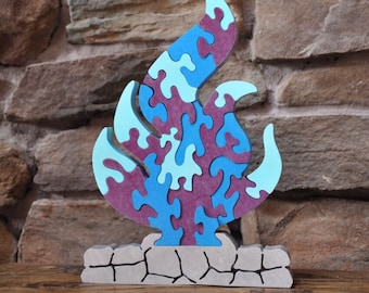 Extra Large BLUE Campfire Flame Hand Cut Wooden Camping Fire Challenge  Puzzle Toy Made in USA