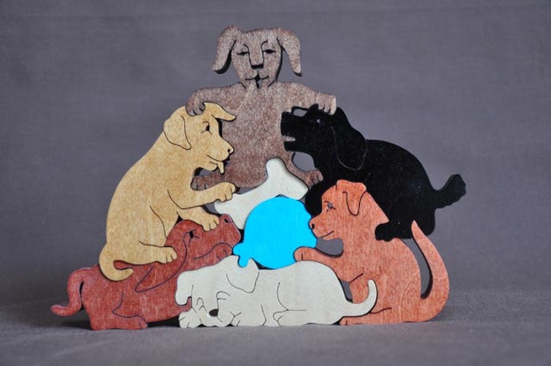Playful Puppy Pile Dog Puzzle Wooden Toy Hand Cut With Scroll Saw - Etsy