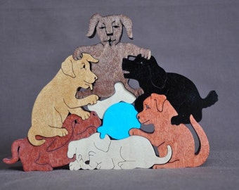 Playful Puppy Pile Dog Puzzle Wooden Toy Hand Cut with Scroll Saw