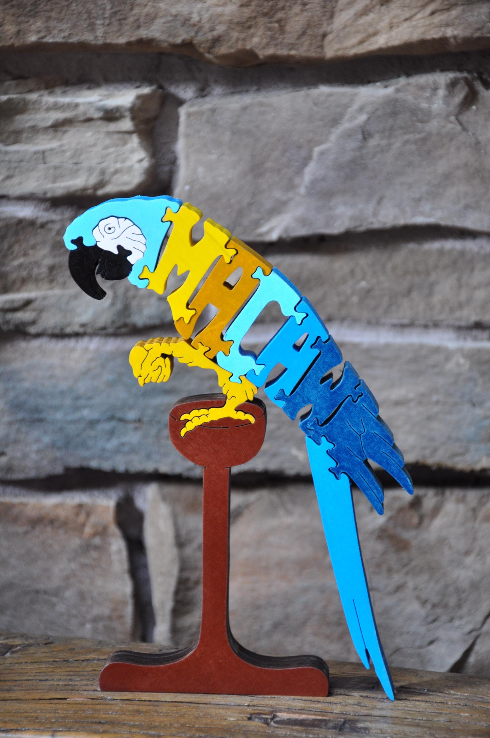 Blue & Gold Macaw Parrot Bird Animal Puzzle Wooden Toy Hand Cut ...