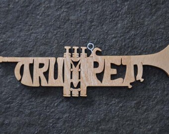 Trumpet Band Instrument Ornament  Wooden Toy Hand Cut with Scroll Saw