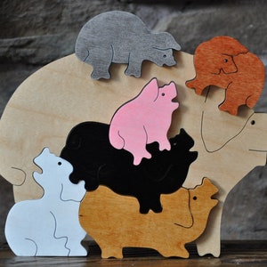Pile of Pigs Hogs Piglets Farm Puzzle Wooden Toy Hand Cut with Scroll Saw