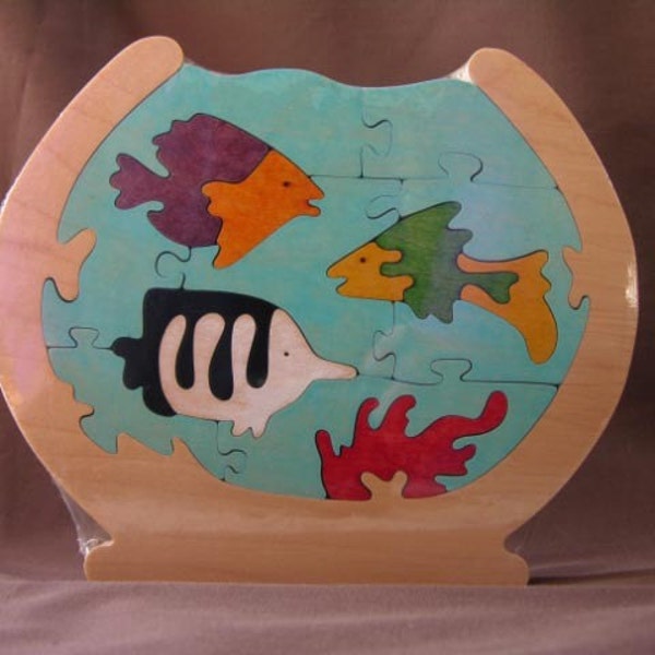 Life in a Fish Bowl Colorful Wood Puzzle Toy Hand Cut with Scroll Saw