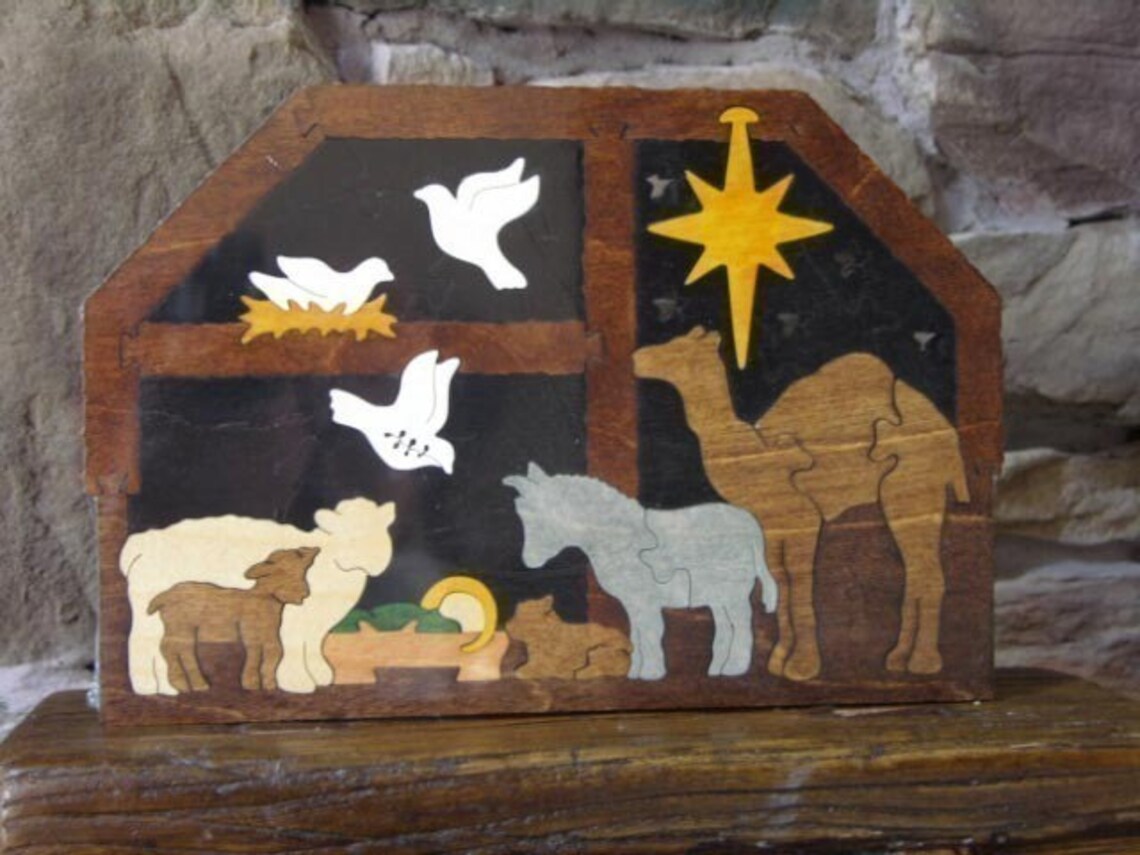 Manger Stable Nativity Puzzle With Animals Wooden Hand Cut Etsy