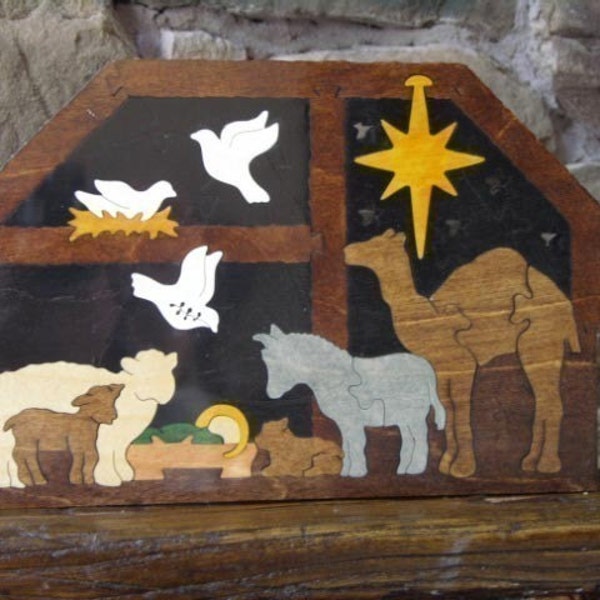 Manger Stable Nativity Puzzle with Animals Wooden Hand Cut Creche Christmas Decoration