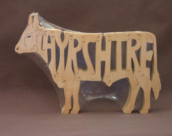 Ayrshire  Bull Cattle Puzzle Wooden Toy Hand Cut Farm Art Figurine