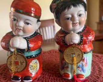 Chinesische Vintage-Figuren, Set aus goldenem Jungen und Jade-Mädchen, 18 cm groß