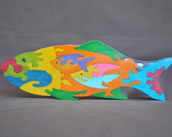 Large Tropical Fish Colorful Wood Puzzle Toy Hand Cut with Scroll Saw