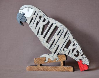 African Grey Parrot Bird Animal Puzzle Wooden Toy Hand  Cut with Scroll Saw Figurine Art