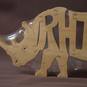 Rhino Rhinoceros Animal Puzzle Wooden Toy Hand Cut with Scroll Saw Figurine Art image 2