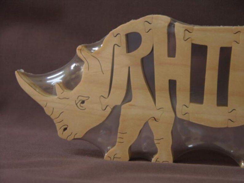 Rhino Rhinoceros Animal Puzzle Wooden Toy Hand Cut with Scroll Saw Figurine Art image 2