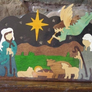 Shepherd Nativity Puzzle with Angel Wooden Hand Cut Christmas Decoration